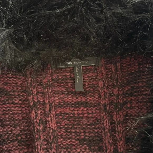 BCBGMaxAzria Burgundy and Black Faux Fur Cardigan